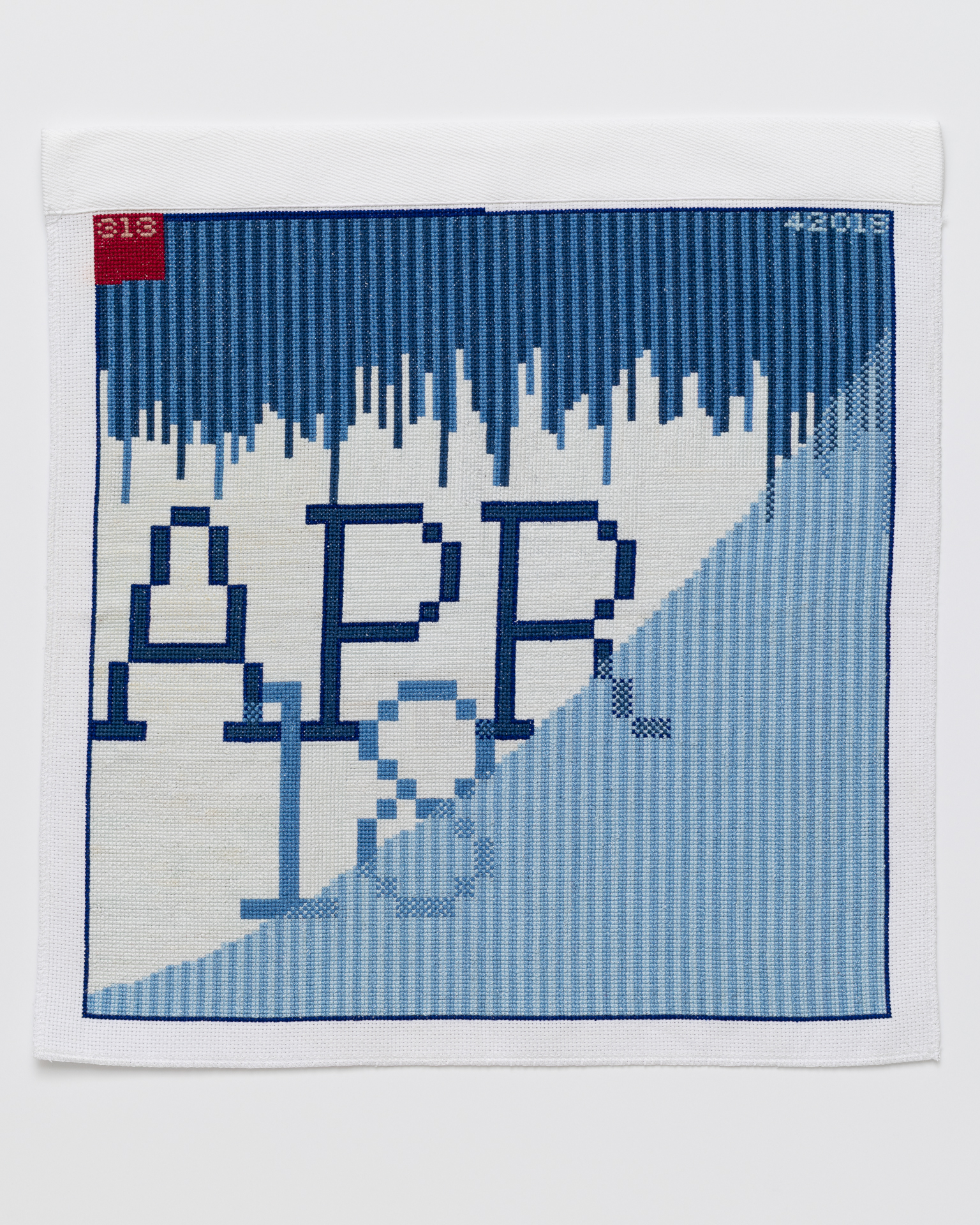 Apr 18, 2021 Cross stitch embroidery of "APR 18" in large letters on dark, light, and very light blue striped abstract background. a red square is in the top left corner with "313" in pink. "42018" is in the top right.