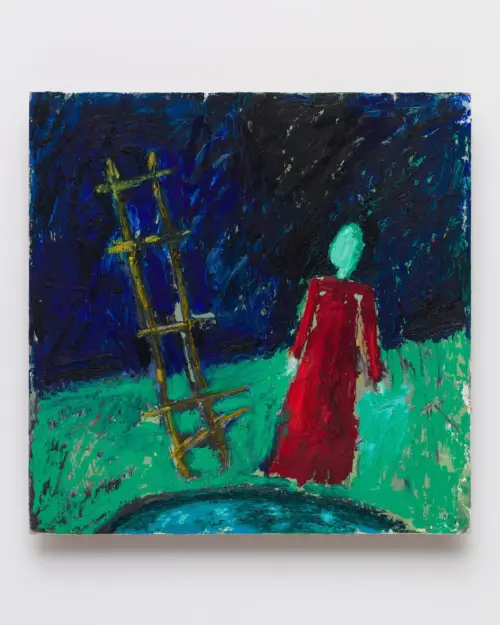 "Woman with Ladder" Oil and oil stick on board, 18 x 18", 2023, Photo by Wes Magyar