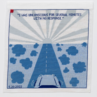 June 20, 2022 (es translation) light blue landscape with darker blue bushes and a road down the middle that leads to the horizon. A car is at the bottom of the road, which leads to the middle of the horizon where a light blue sun with rays of light blue and almost white spread from the center. At the top is written, "I WAS UNCONSCIOUS FOR SEVERAL MINUTES WITH NO RESPONSE" A small red square is in the top left corner.