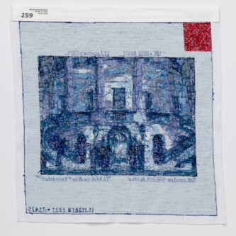 Reverse side of cross stitch from Mar 11, 2020. Information label in top left corner.