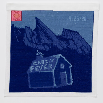 Cross stitch embroidery of small cabin at night in front of mountains. "CABIN FEVER" is written on the roof. "9/26/2020" is written in the top right. There is a pink square with a red border and an image of a dog with "740" above and "BUDDY" below.
